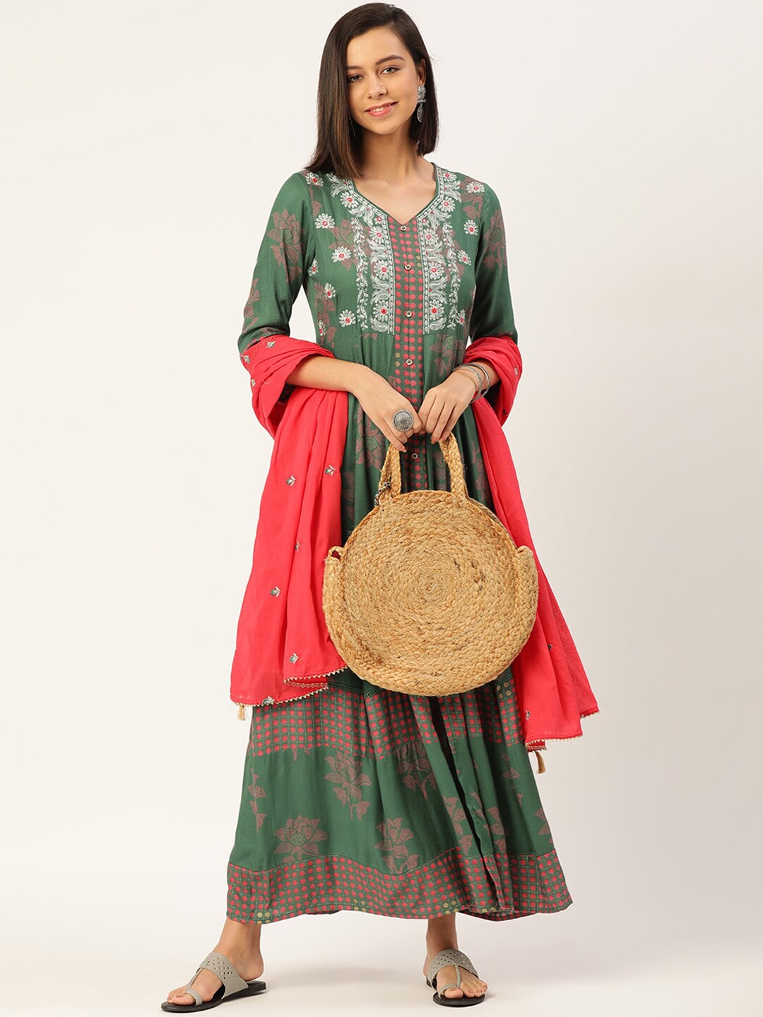HERE&NOW Women Embroidered Kurta with Trousers & With Dupatta