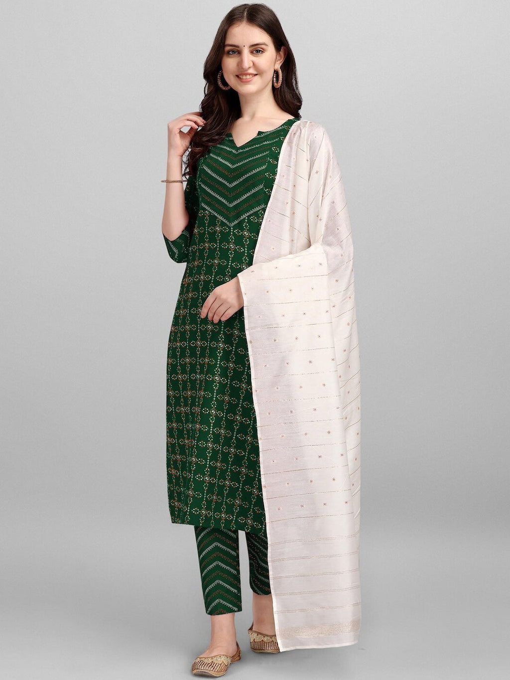HERE&NOW Green & White Geometric Printed Pure Cotton Kurta With Trousers & Dupatta