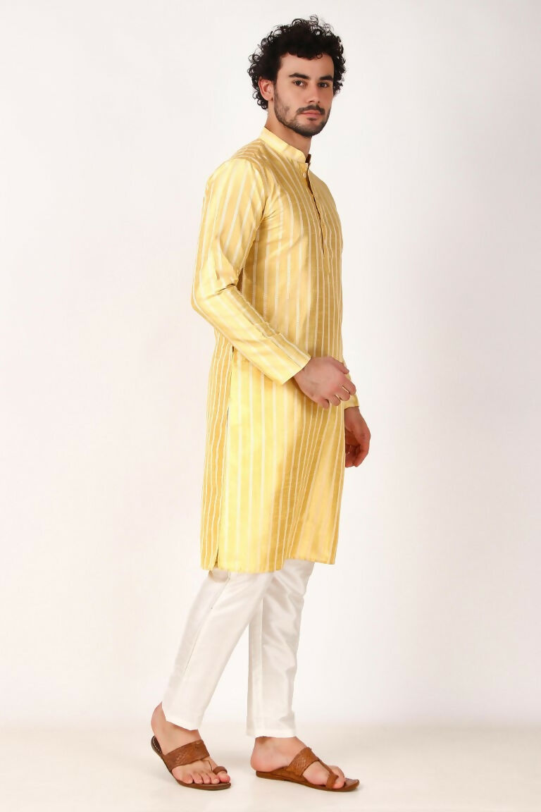 Lemon Art Silk Woven Designer Men's Rajwadi Kurta Set - Mahotsav