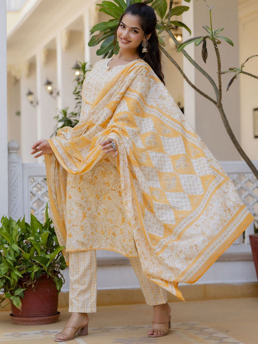 Anouk Women Floral Printed Regular Aari Work Pure Cotton Kurta with Palazzos & With Dupatta