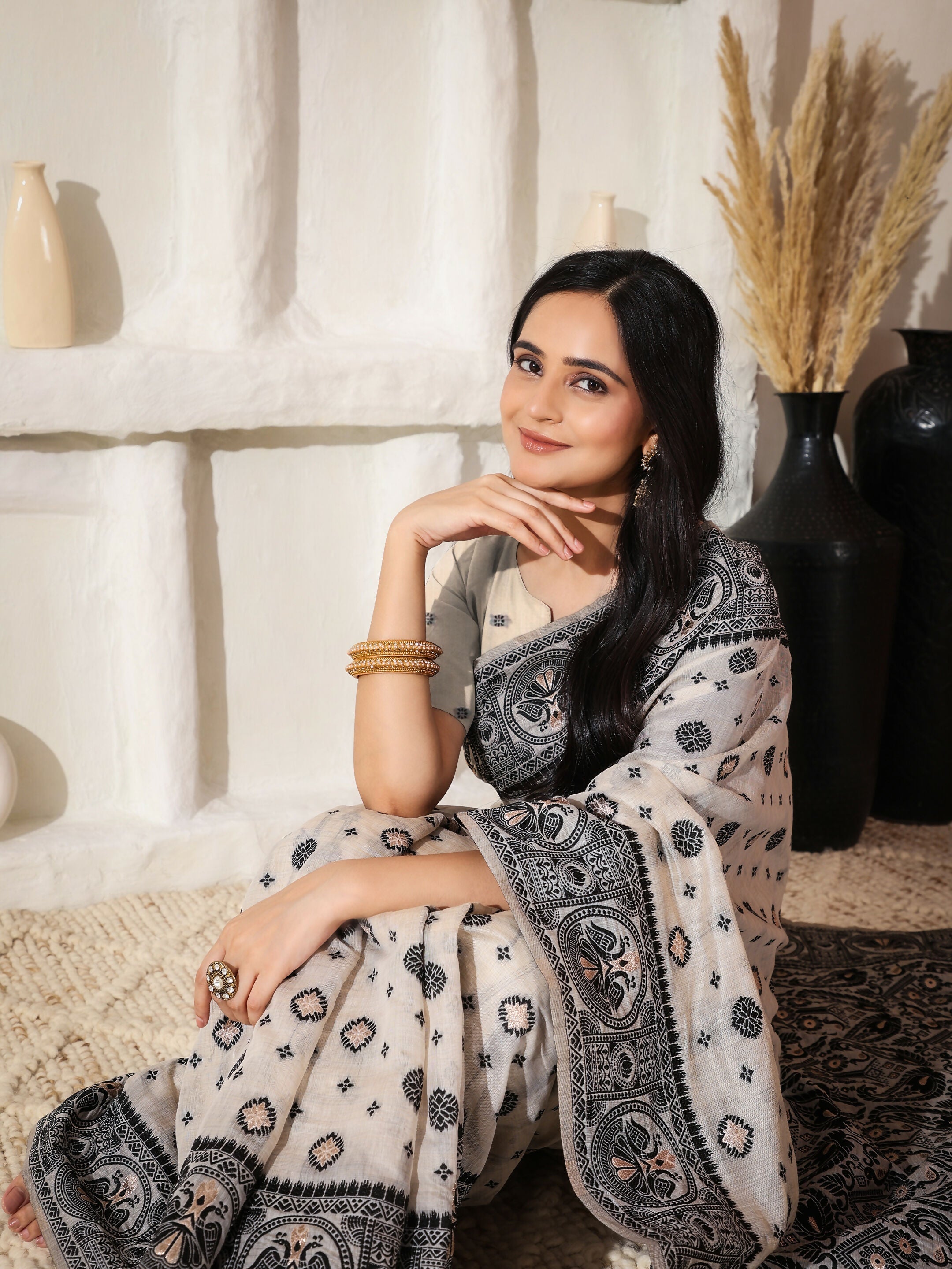 Shree Shyam Fashion Linen Cotton Black & Cream Saree