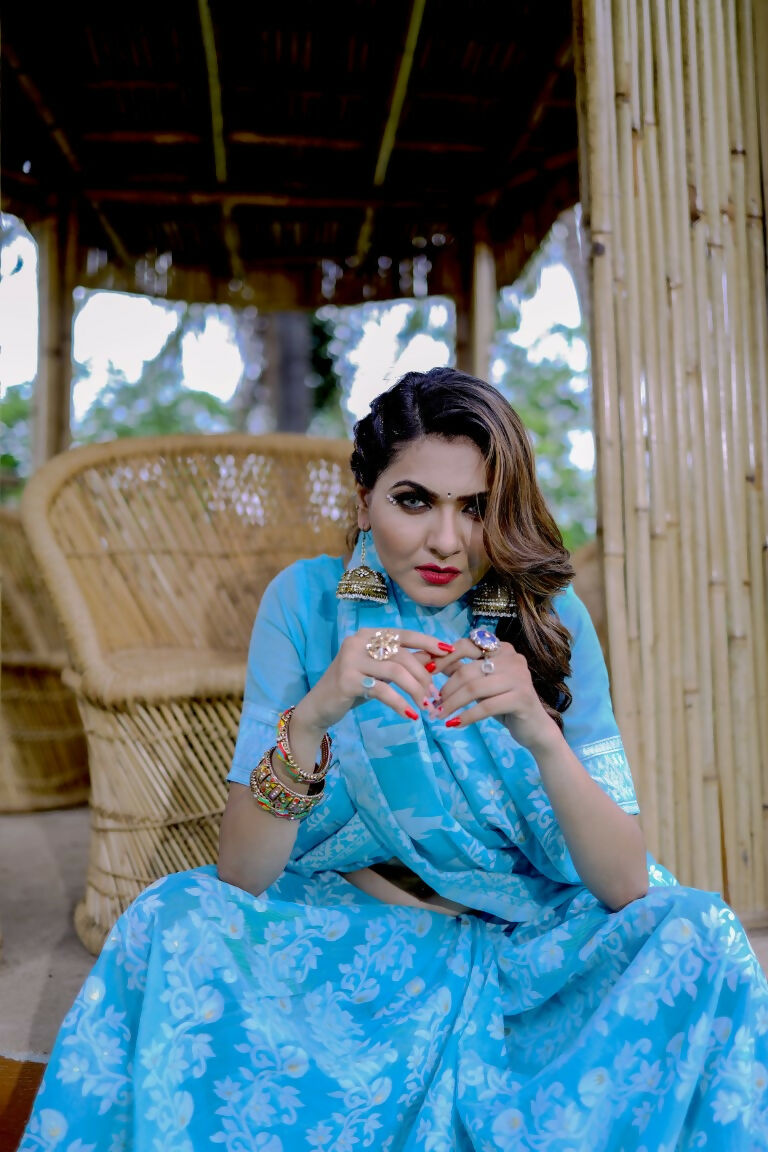 Partywear Designer Sky Blue Jamdani contton Fancy Saree - Starwalk