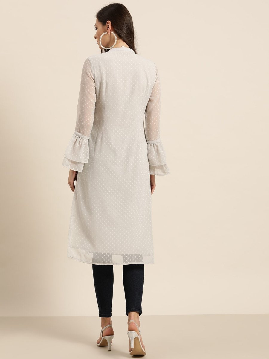 All About You Women Grey Bell Sleeves Yoke Design Thread Work Dobby Kurta