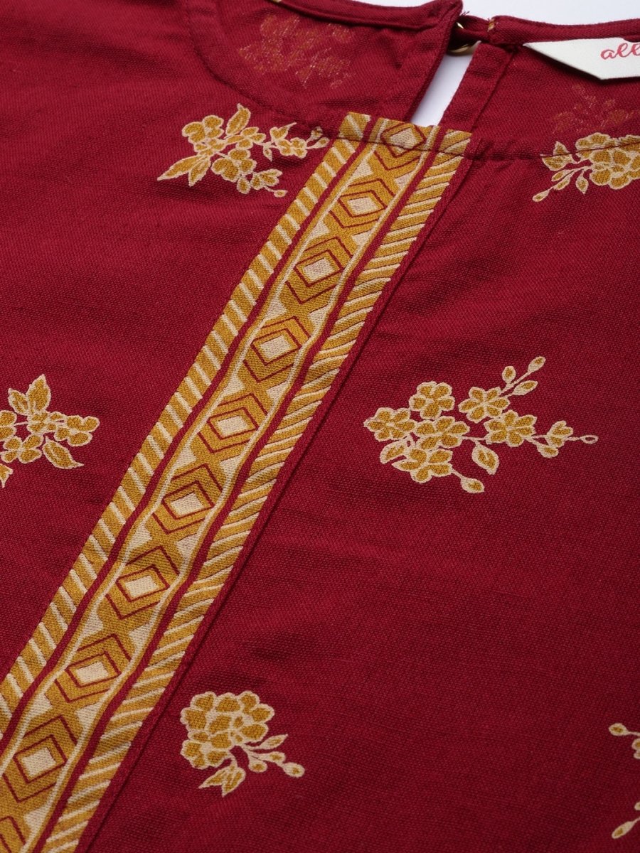 All About You Women Maroon & Mustard Yellow Floral Printed Pure Cotton Kurta with Trousers
