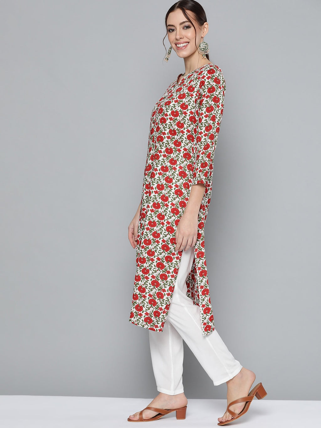 HERE&NOW Women Red & Green Floral Print Kurta
