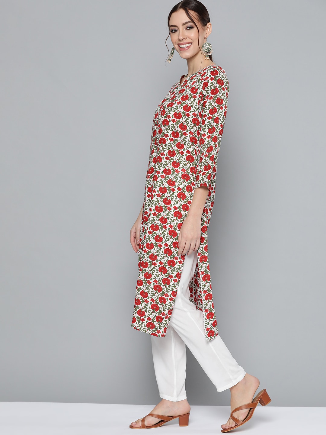 HERE&NOW Women Red & Green Floral Print Kurta