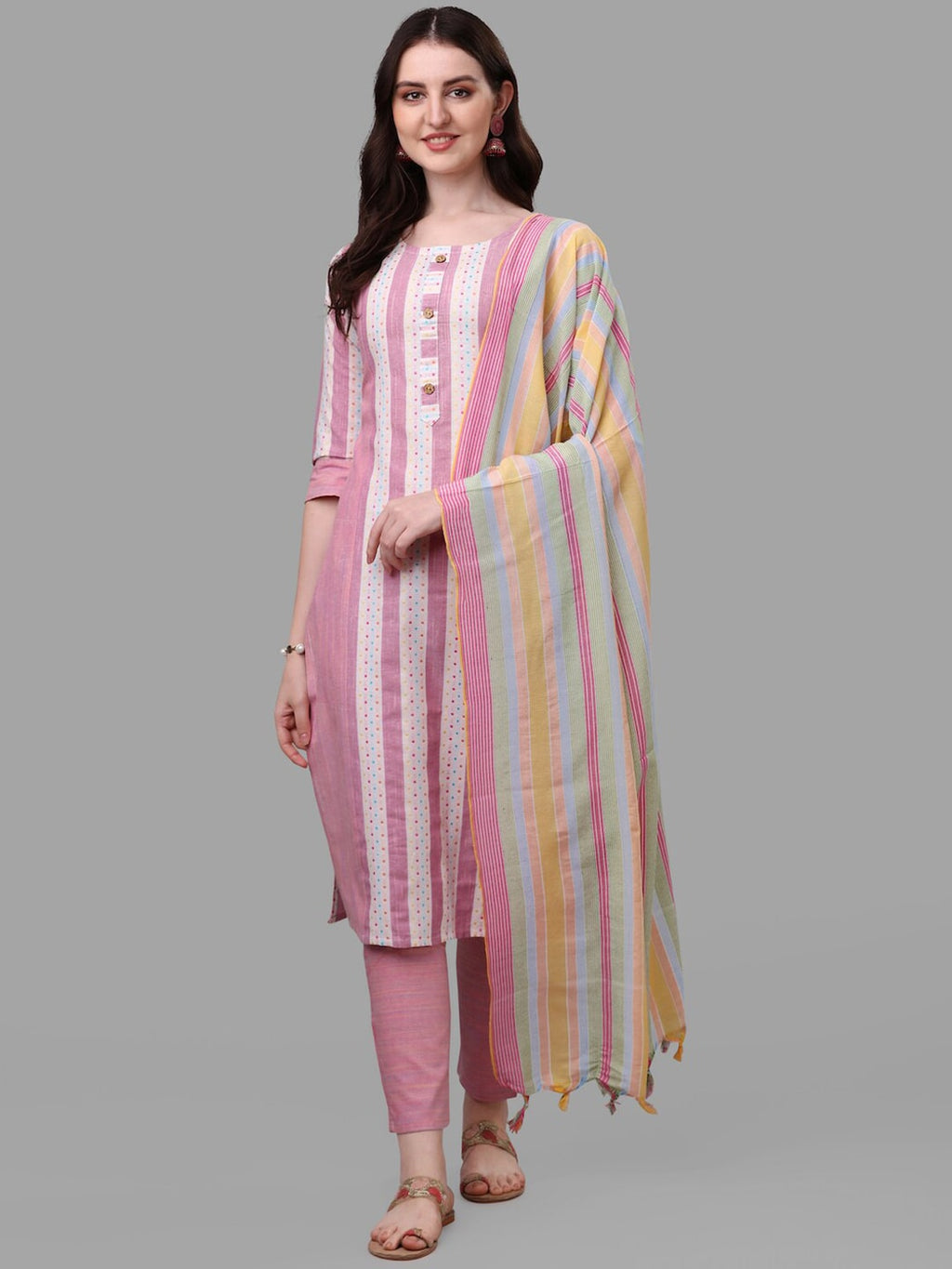 HERE&NOW Pink & White Striped Pure Cotton Kurta With Trousers & Dupatta