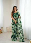 PR Fashion Green Georgette Printed With Mirror Work Saree