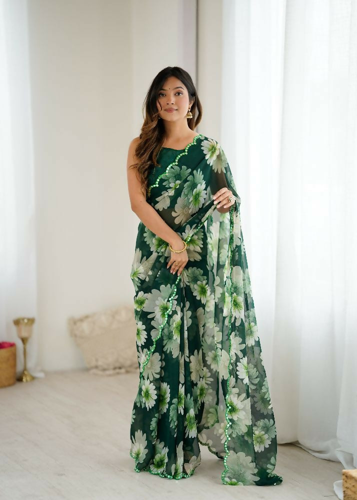 PR Fashion Green Georgette Printed With Mirror Work Saree