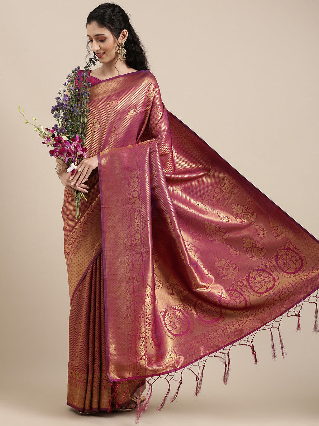 Saree Mall Magenta Ethnic Motifs Zari Silk Blend Banarasi Saree