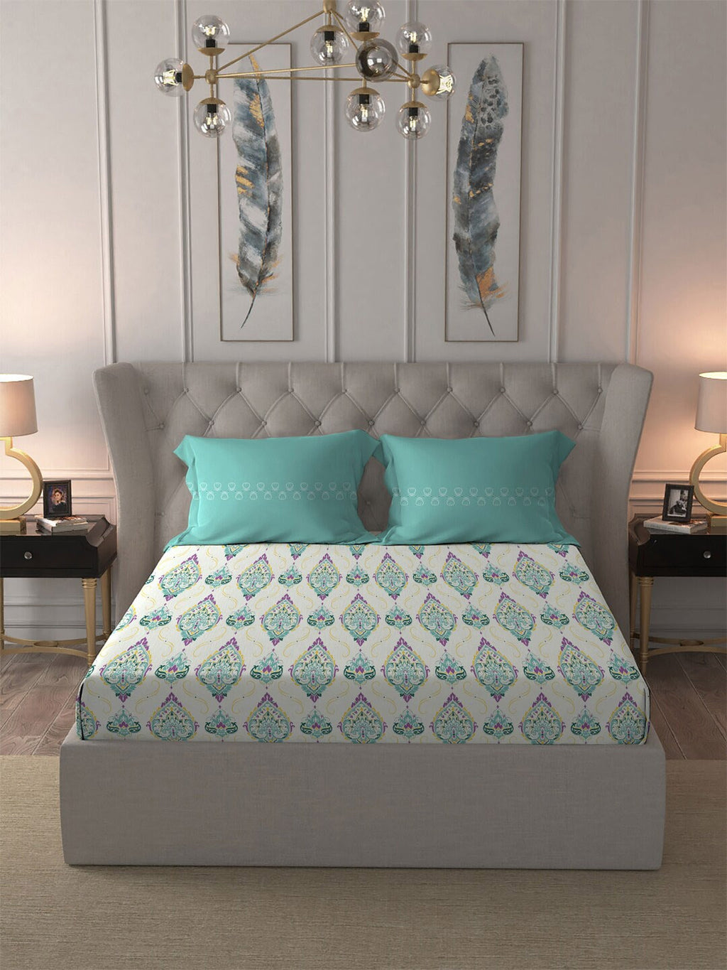 MYTRIDENT Moments White Blue Ethnic Motifs Pure Cotton 120 TC Bedsheet 2 Pillow Covers