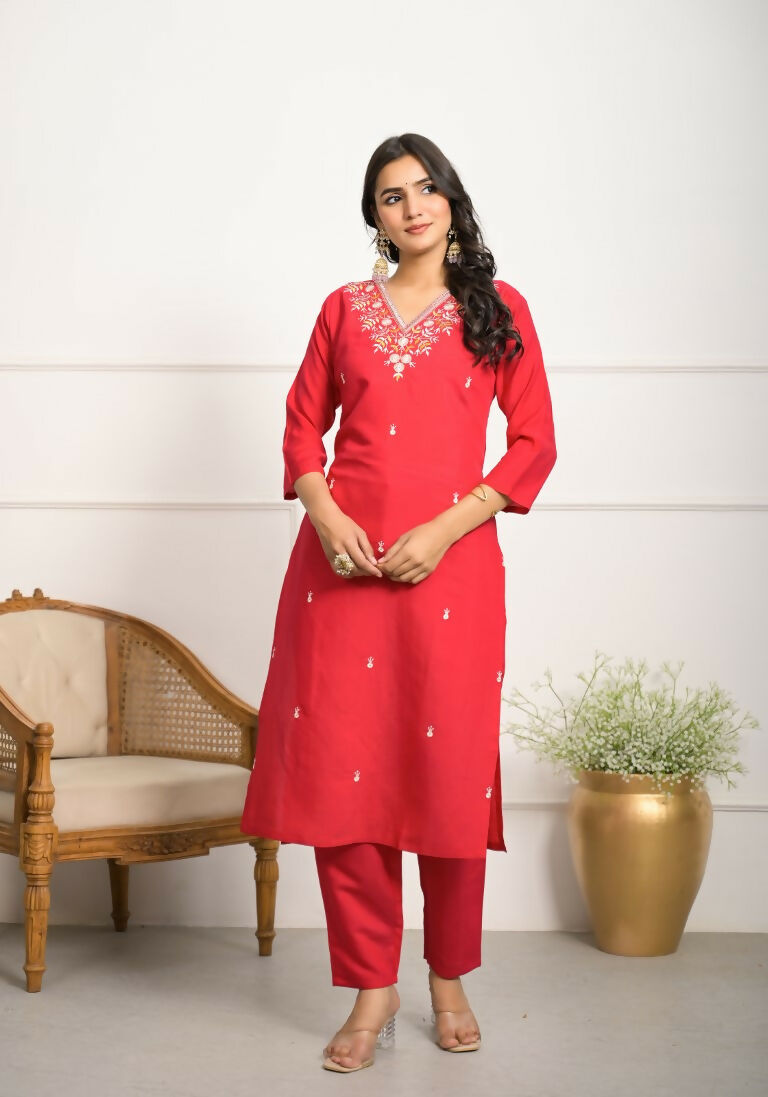 Festive Wear Ethnic Red Viscose Chanderi Stitched Suit With Dupatta - Tanisha