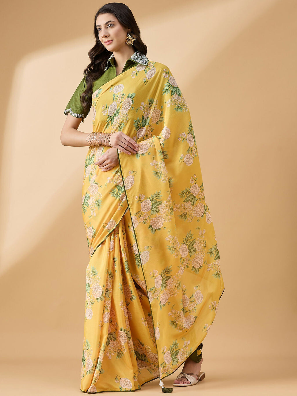 Mustard Chiffon Floral Printed Saree with Stitched Blouse - Dharavi