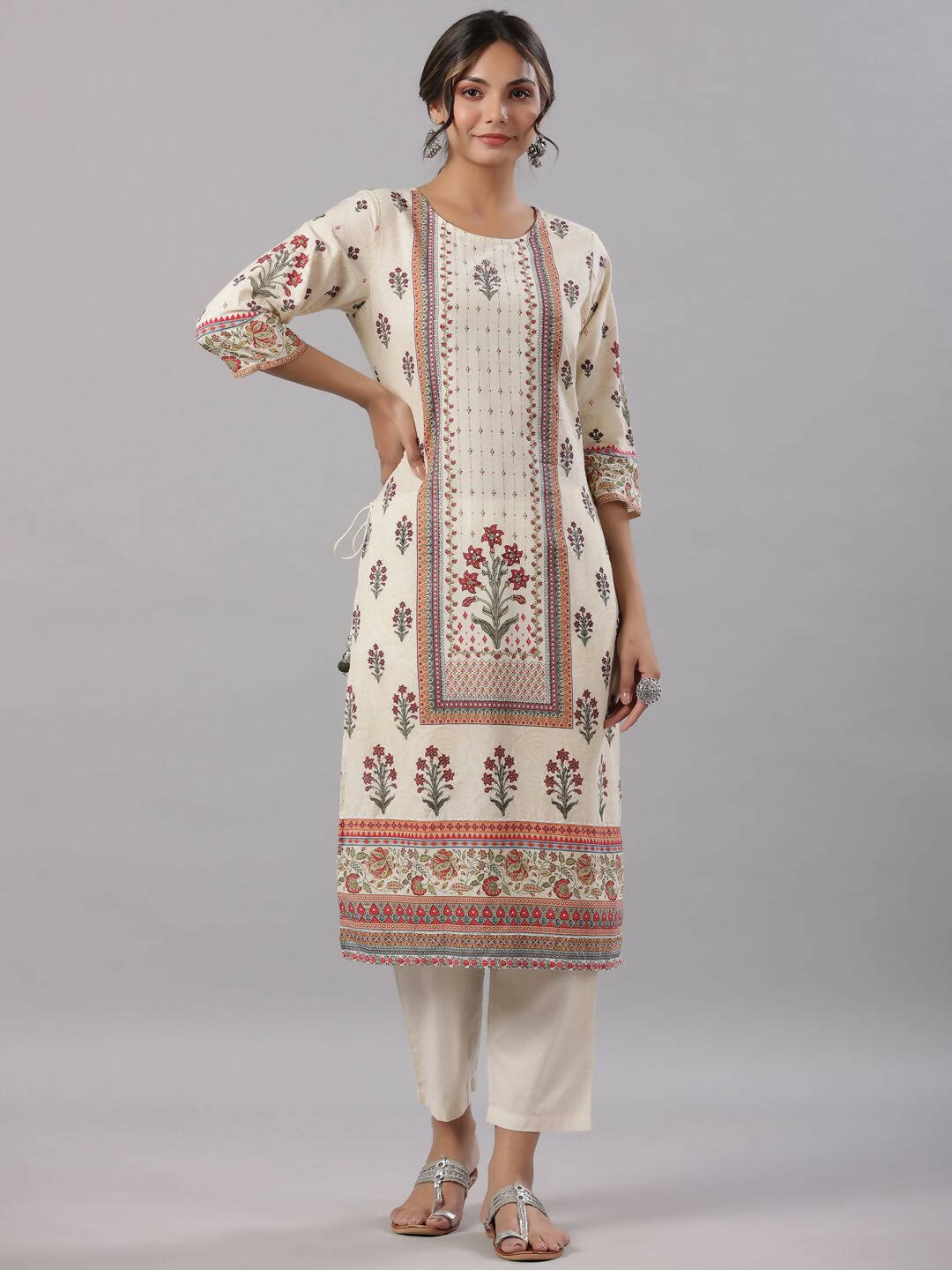 Juniper Women's Beige Cambric Floral Placement Printed Straight Fit Kurta Sets