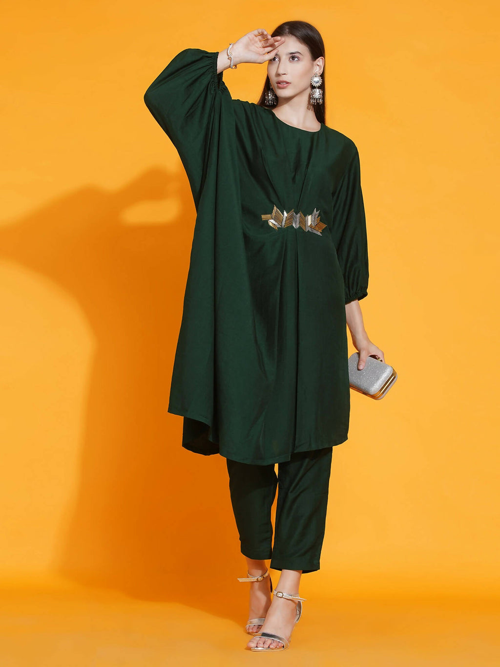 Women Republic Green Fusion Style Kurta With Hand Embellishment And Pants
