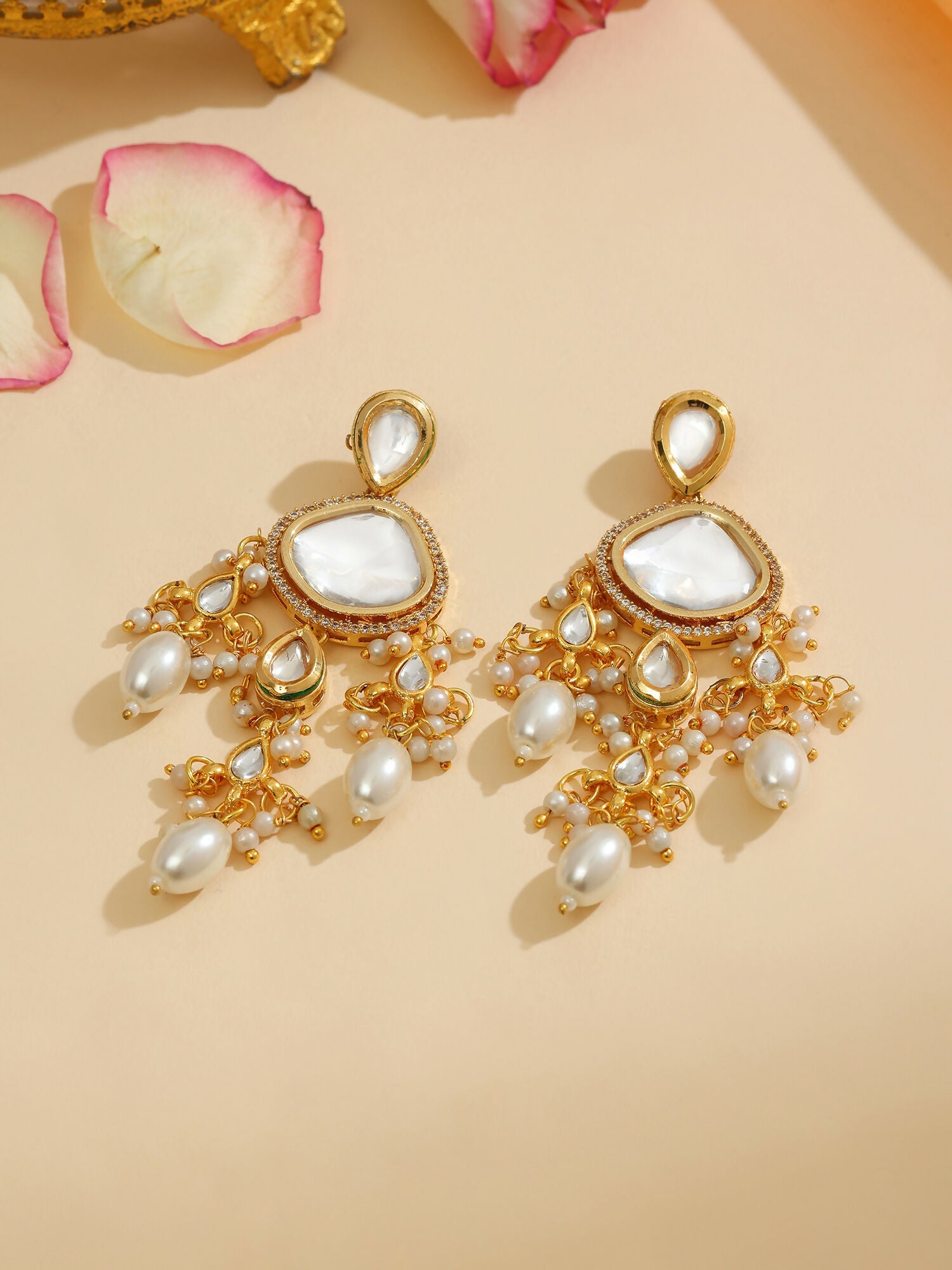 Ruby Raang 22k Gold Polished Kundan Earrings With Pearls