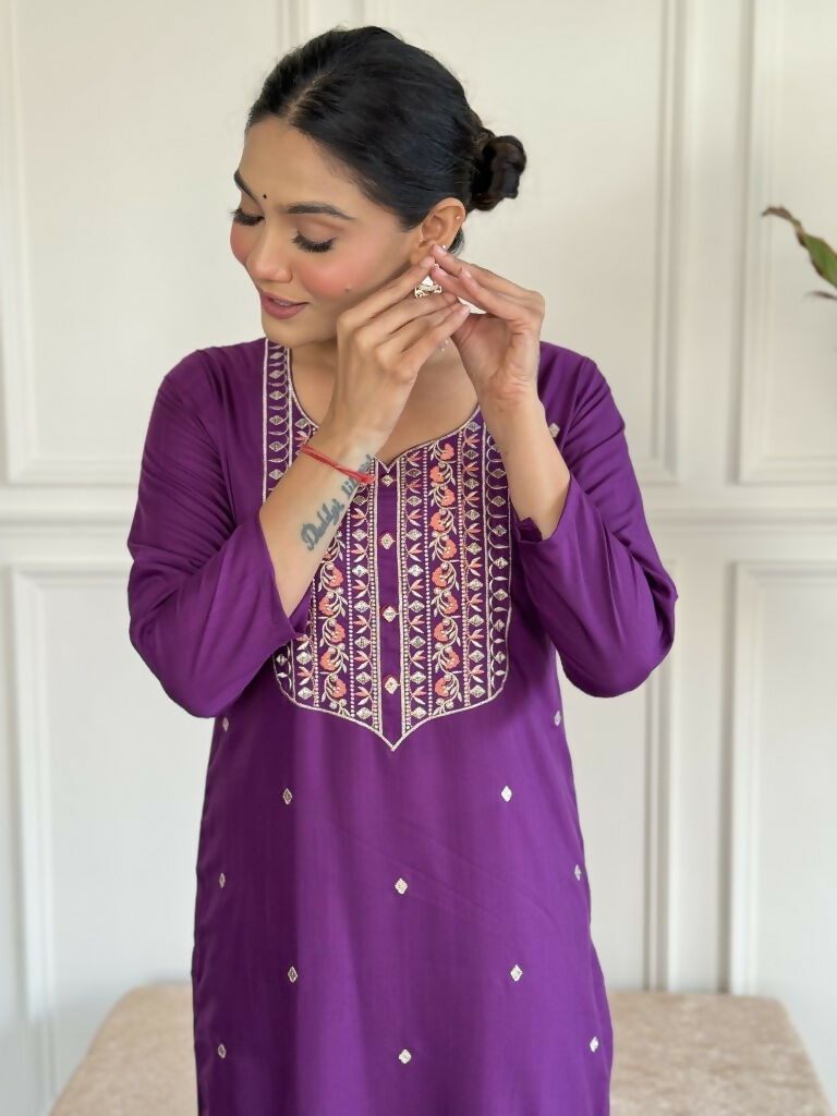 Purple Rayon Slub Stitched Suit With Dupatta - Tanisha