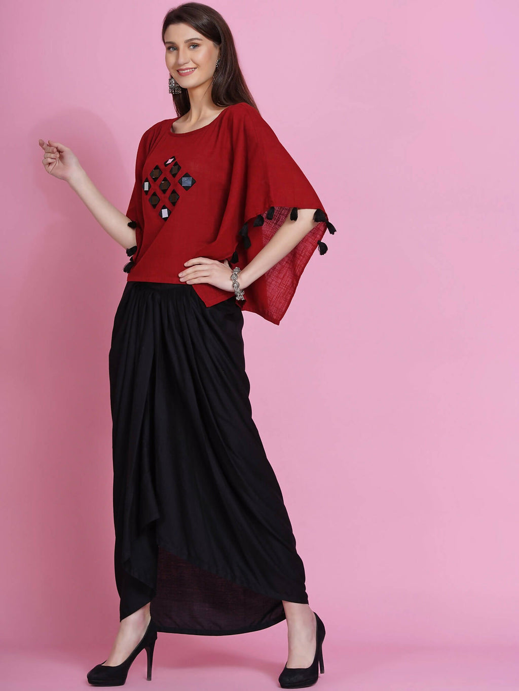 Women Republic Maroon Cotton Kaftan With Dhoti