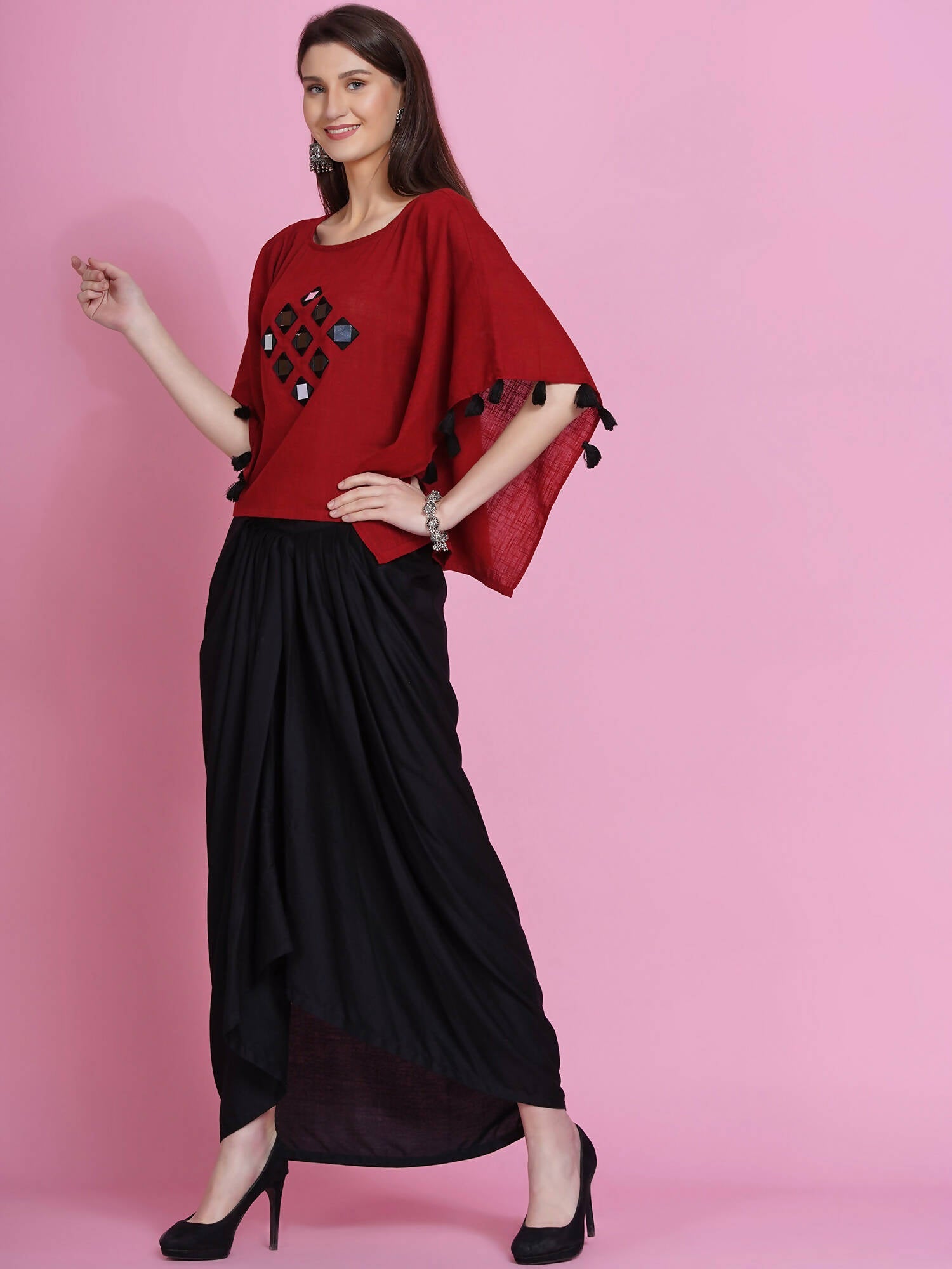 Women Republic Maroon Cotton Kaftan With Dhoti