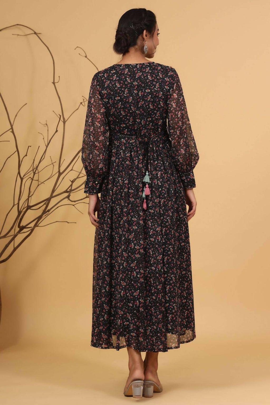 Juniper Women Navy Chiffon Printed Flared Dress
