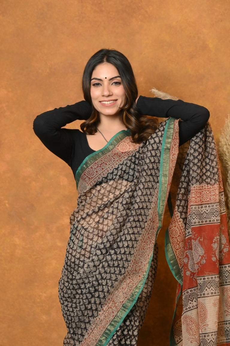 Very Much Indian Handloom Pure Kota Cotton Handblock Printed Saree - Cerulean Print