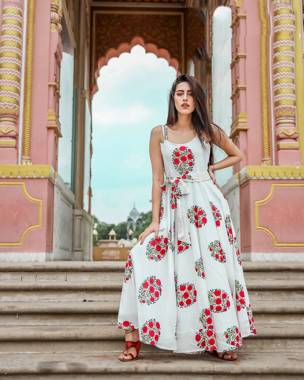 Designer Partywear Printed White Pure Maslin Gown - Anbazaar