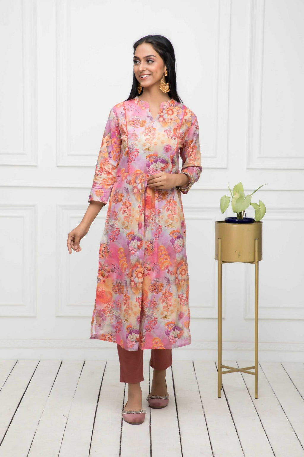 Myshka Multi Floral Women Cotton A-Line Round Neck Kurtas