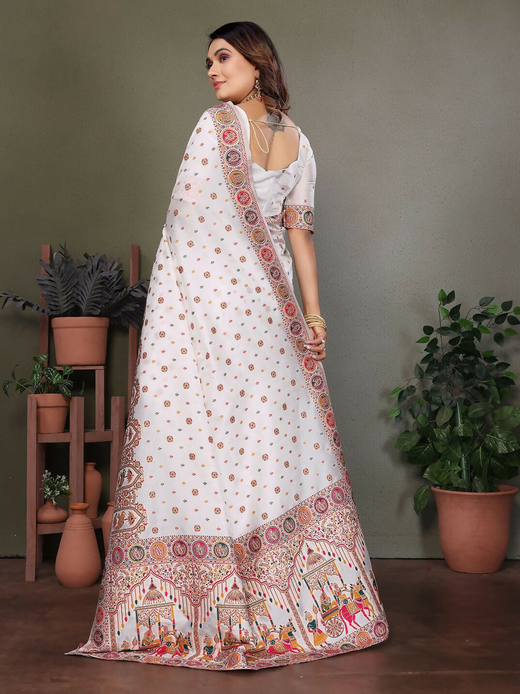 Joban Fashion White Thread Woven Pashmina Sarees