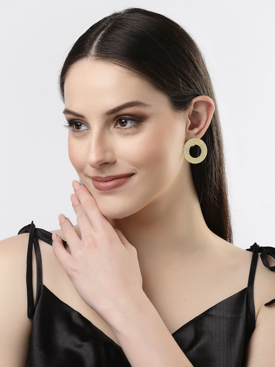 NVR Women Gold-Polished Cut Out Circle Drop Earrings