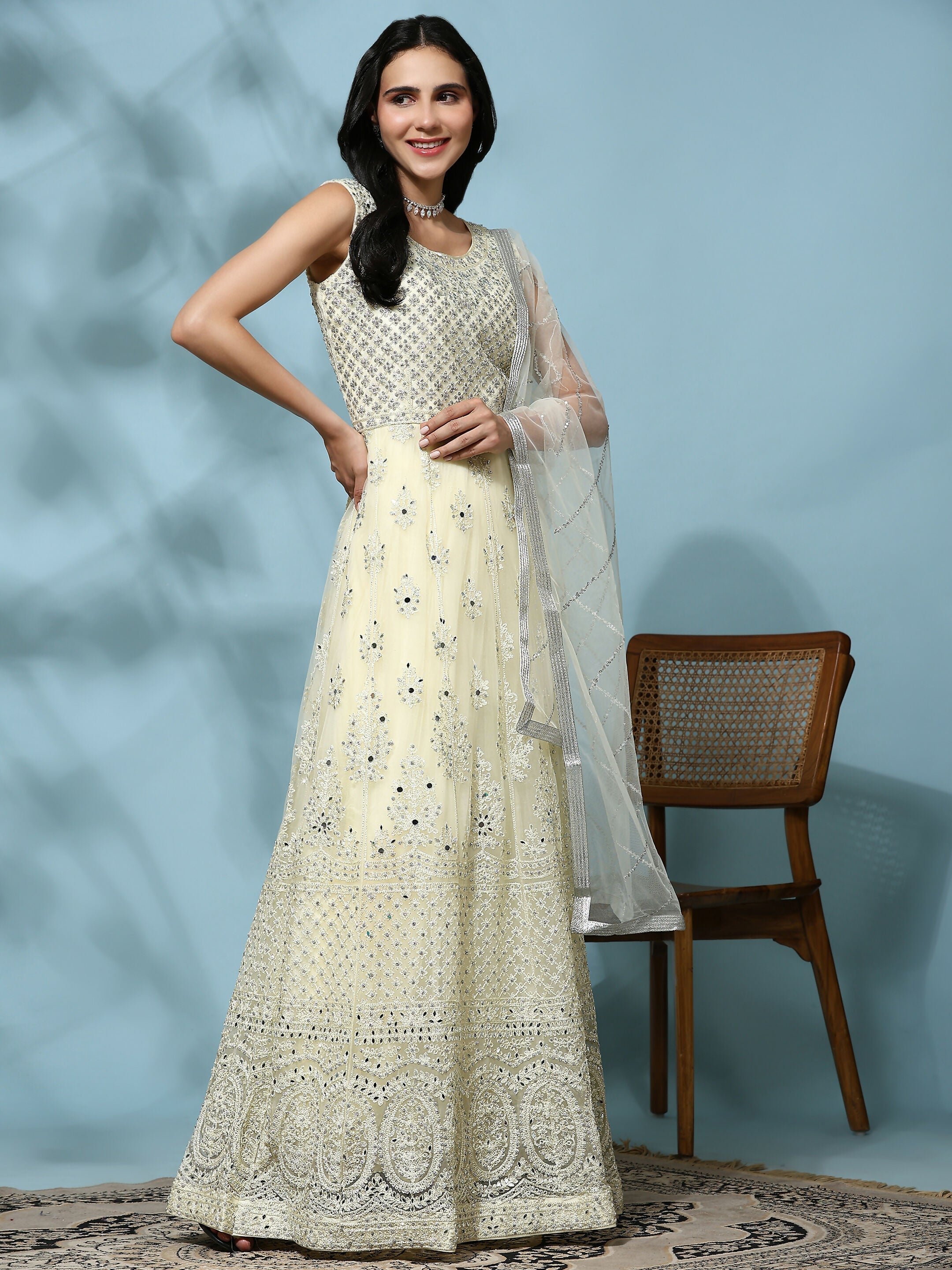 Yellow Net Hand Embroidered Gown - Rudrani