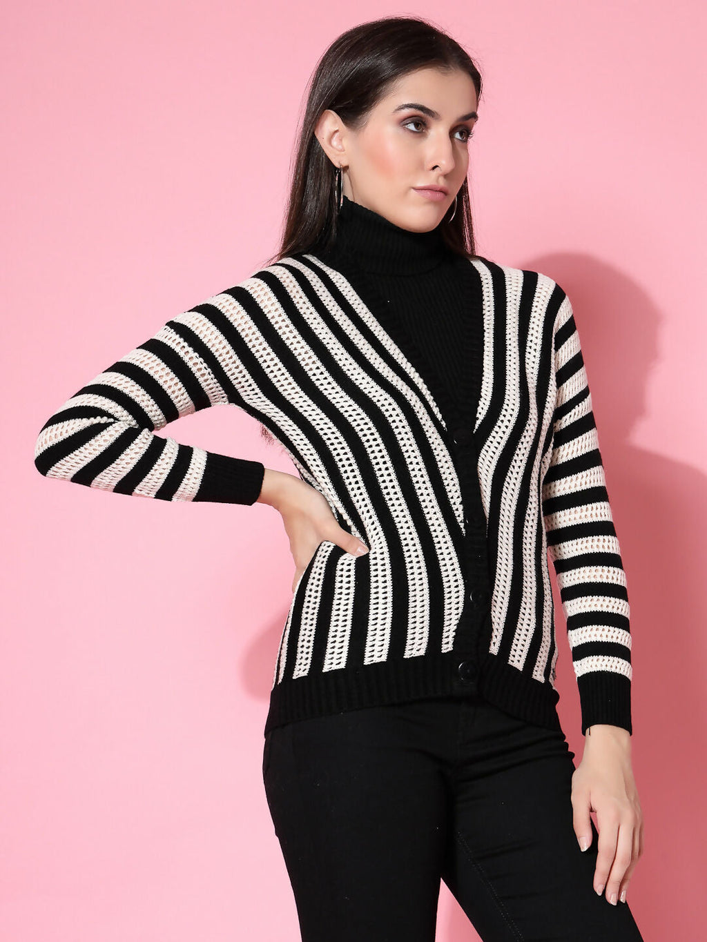 Women Black Acrylic Stripe Cardigan - Wool Trees