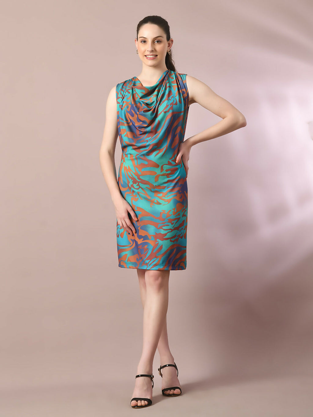 Myshka Women's Multi Printed Cowl Neck Bodycon Party Dress