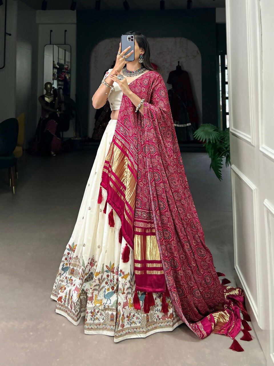 Vastranavya Traditional Special Khadi Cotton Sequins And Thread Embroidery Work Lehenga with Unstitched Blouse - White