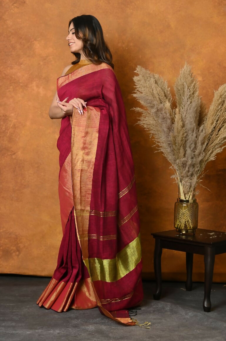 Very Much Indian Handloom Pure Cotton Linen Saree With Golden Border - Maroon