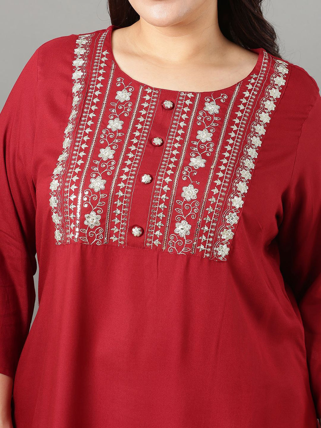 Sztori Plus Size Floral Yoke Design Mirror Work Straight Kurta