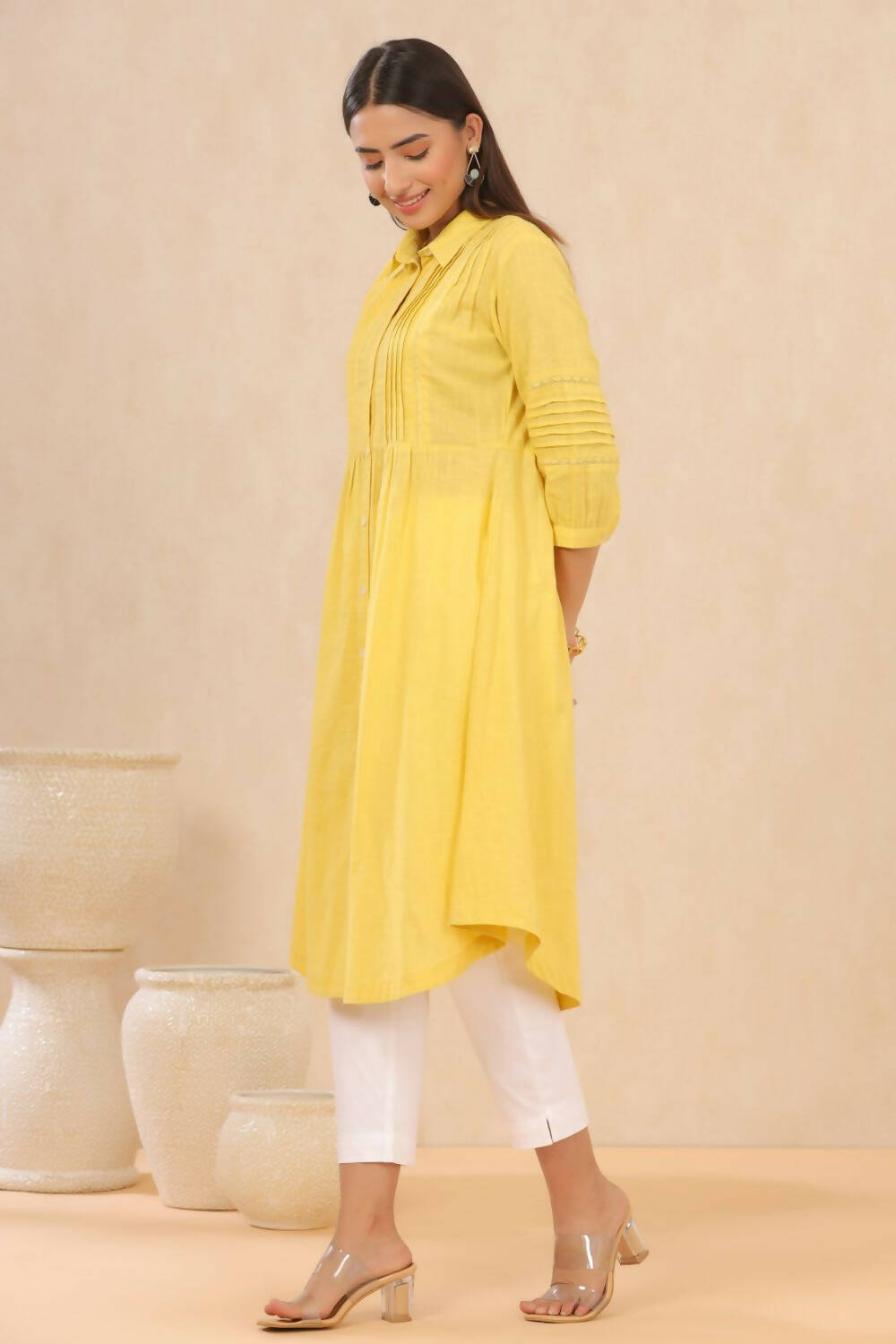 Juniper Womens Blush Yellow Cotton Slub Solid Mid Length Shirt Dress With Lace Detailing
