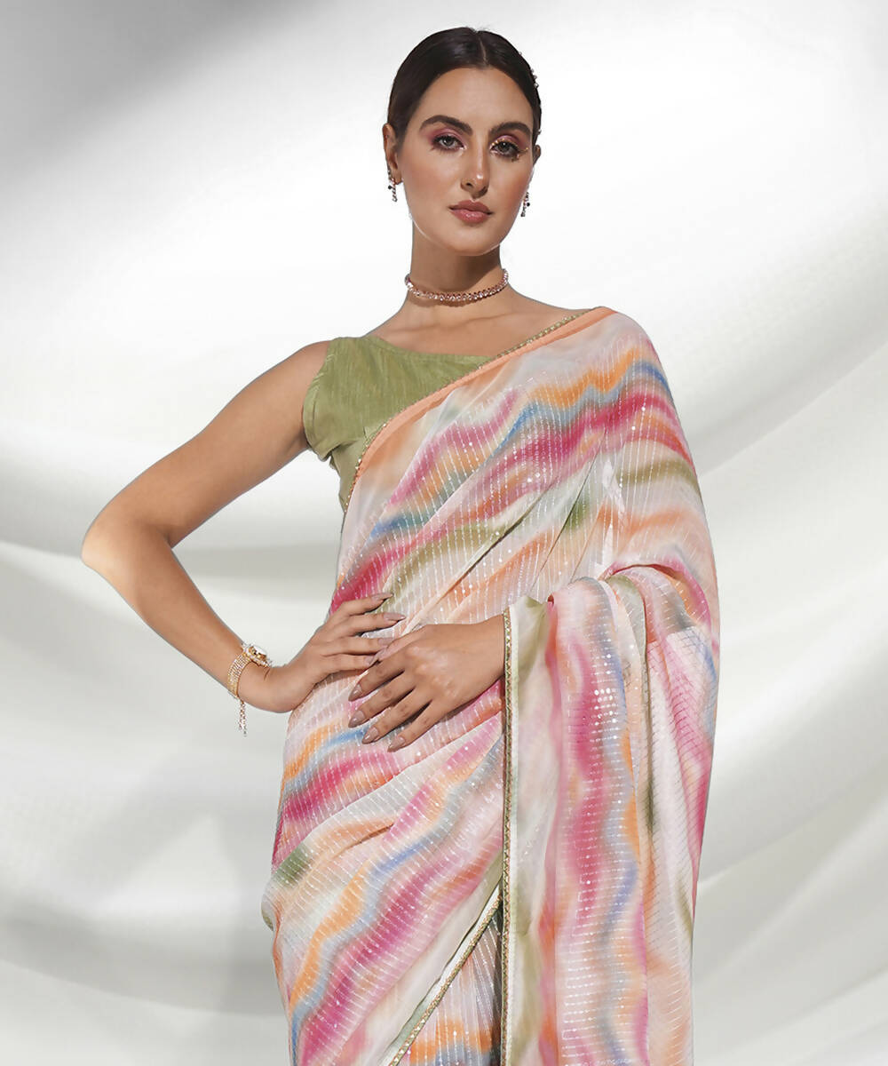 Pink Georgette Sequence Embroidery Saree With Unstitched Blouse Piece - Rajal