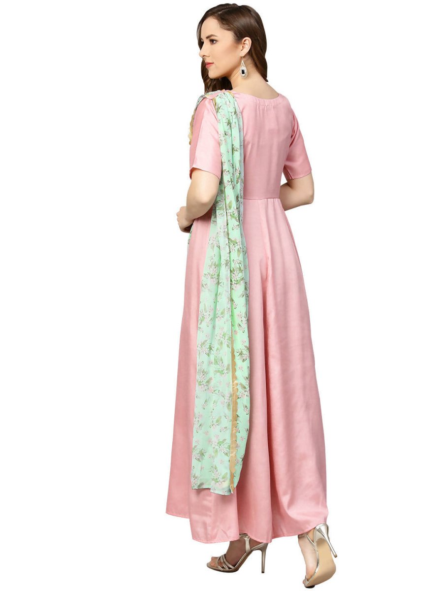 Ahalyaa Pink & Green Solid Maxi Dress with Attached Dupatta