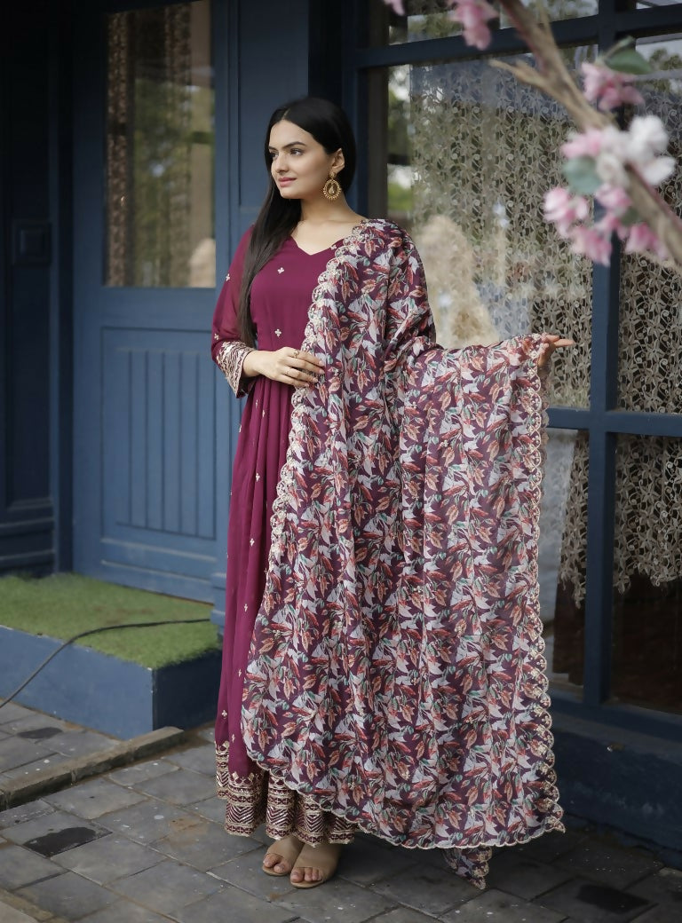 Jyoti Fashion Women's Wine Faux Blooming Sequins with Zari Embroidery Anarkali Dress with Dupatta
