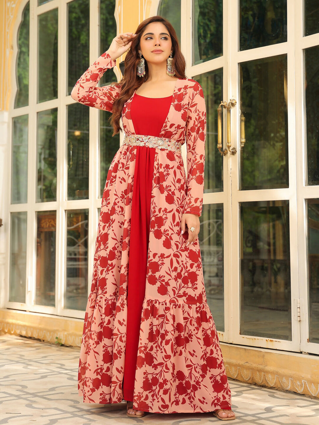 Janasya Maroon Georgette Solid Dress & Jacket