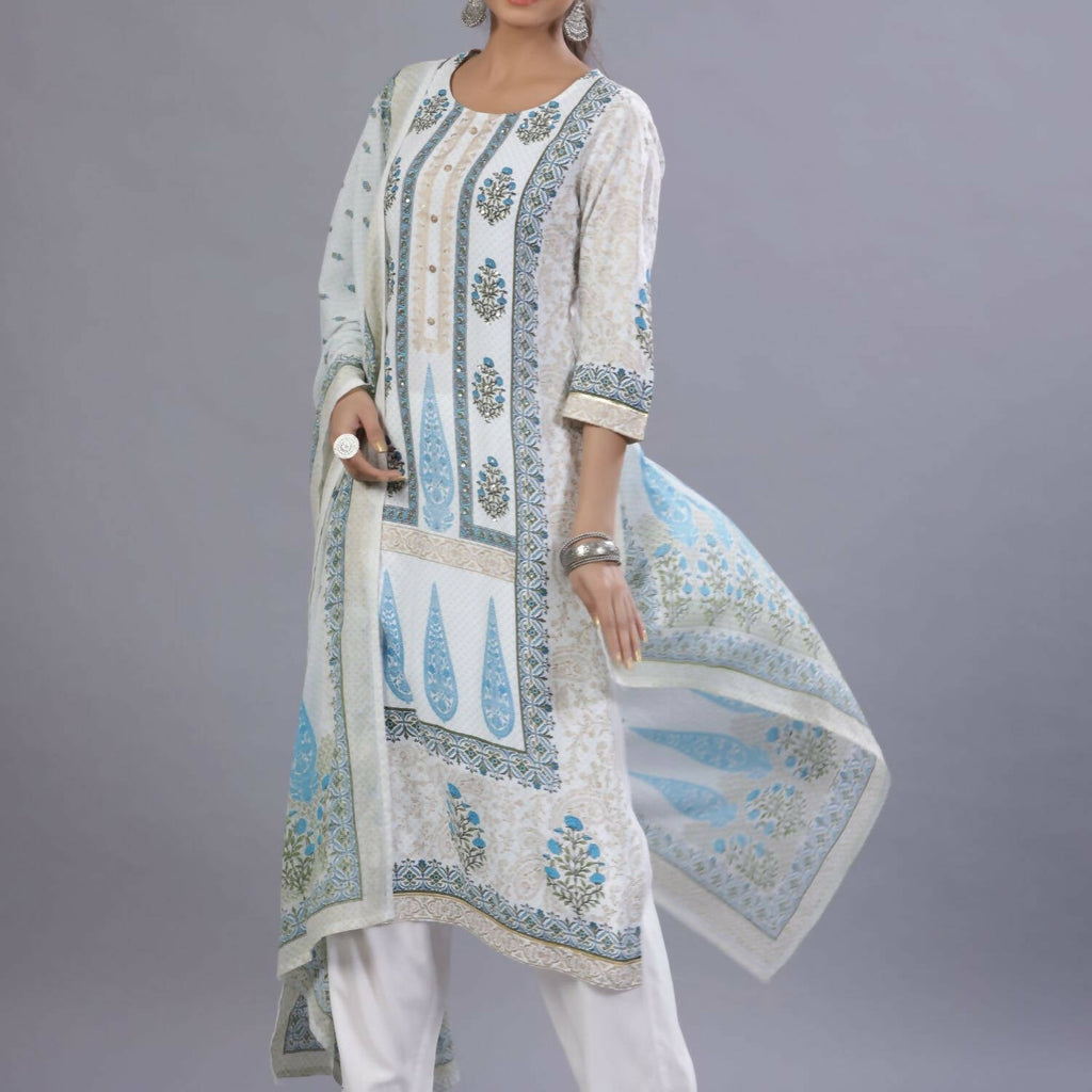 Juniper Women Blue Rayon Printed Kurta, Pants and Dupatta Set