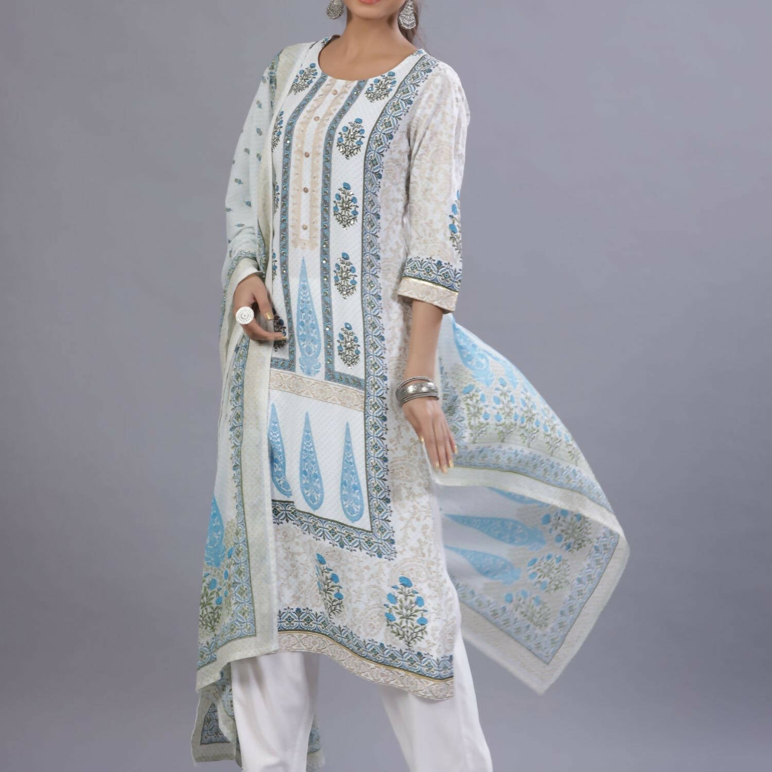 Juniper Women Blue Rayon Printed Kurta, Pants and Dupatta Set