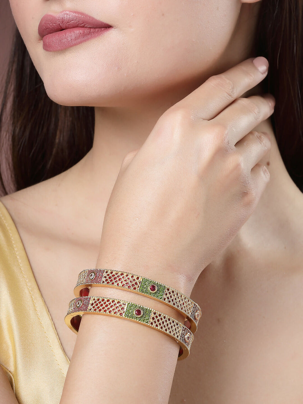 NVR Women's Set Of 2 Gold-Polished Red Kundan Traditional Bangles