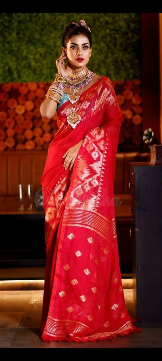 Exclusive Collection Red Beautiful Linen Jamdani Saree