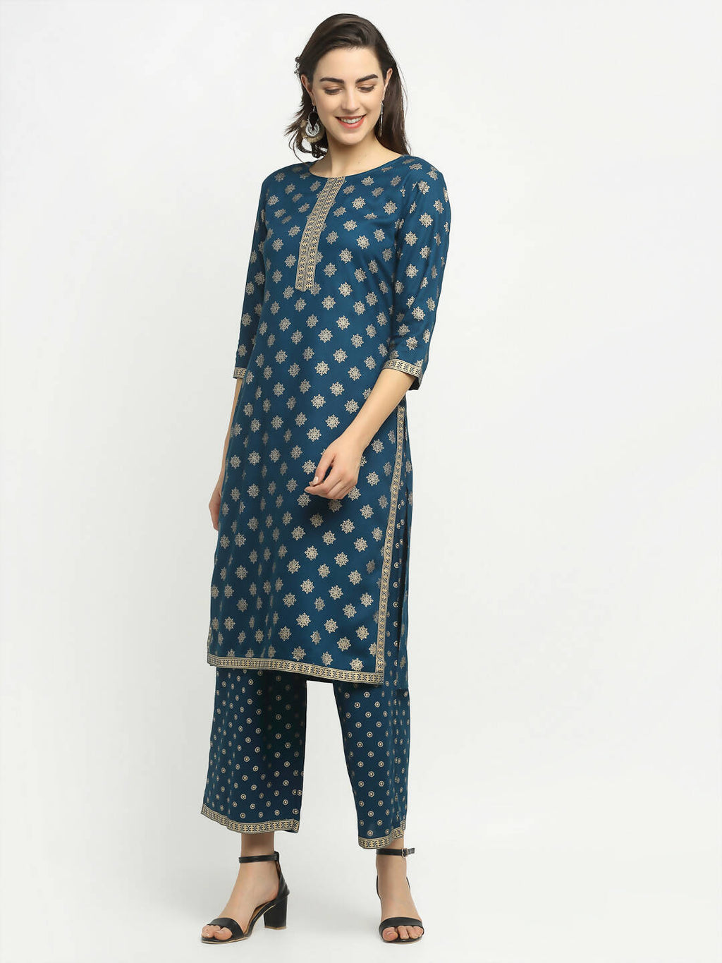 Rudra Bazaar Stright Gold Printed Kurti With Palazzo