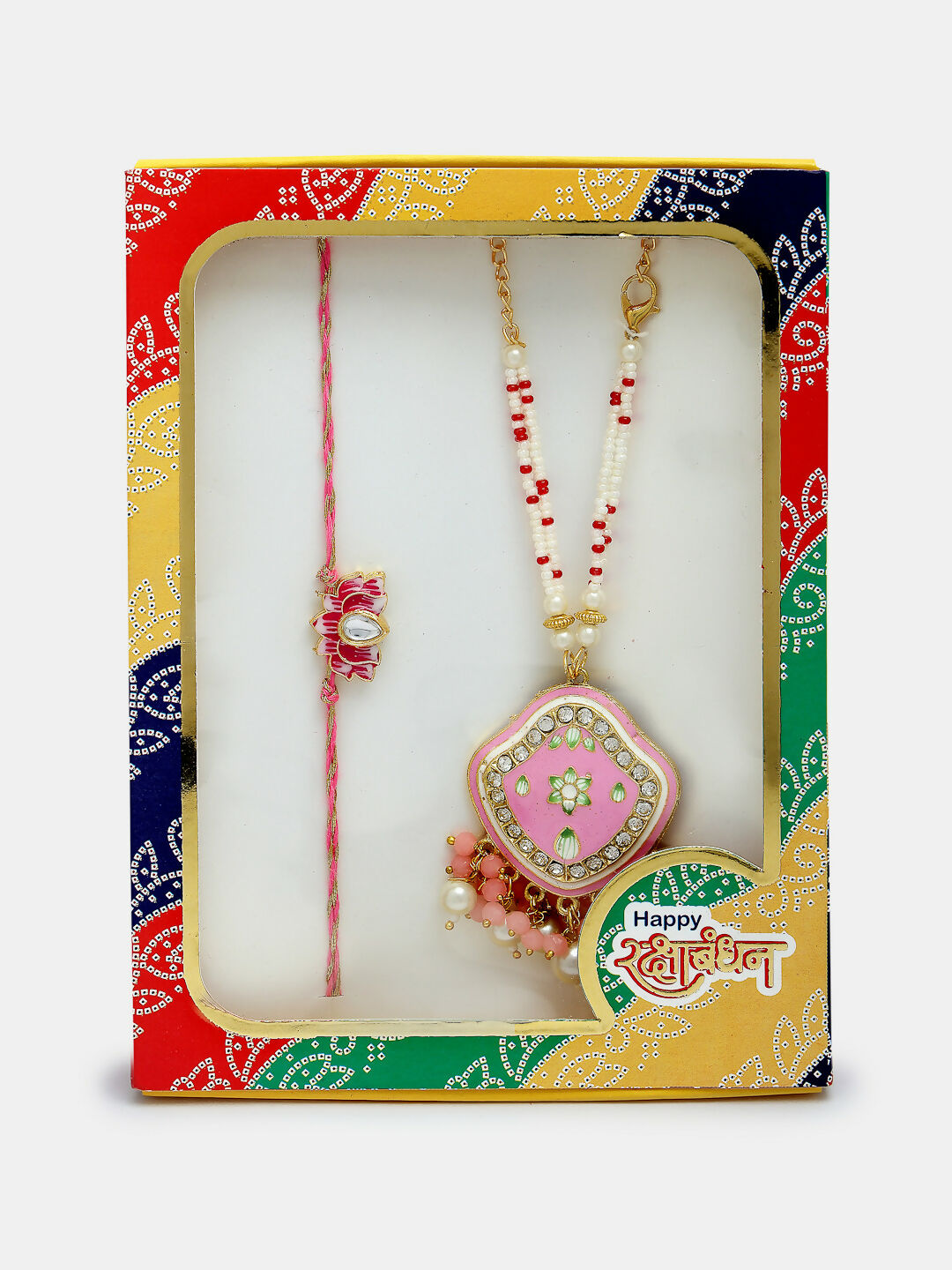 NVR Women & Men Set of 2 Pink Lotus Shape Kundan Stone-Studded & Beaded Bhaiya Bhabhi Rakhi With Roli Chawal