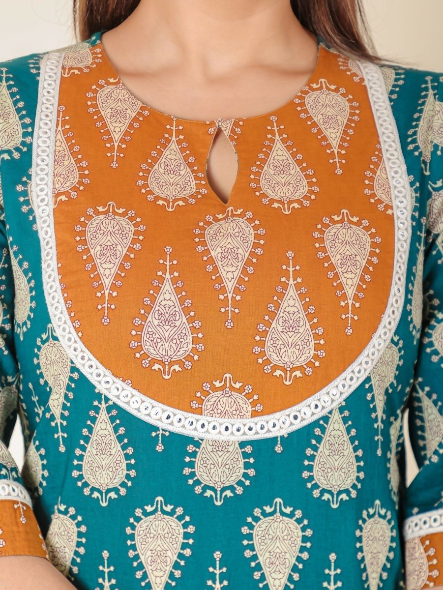 Aramya Turquoise Soft Cotton Floral Print Straight Kurta Set for Women