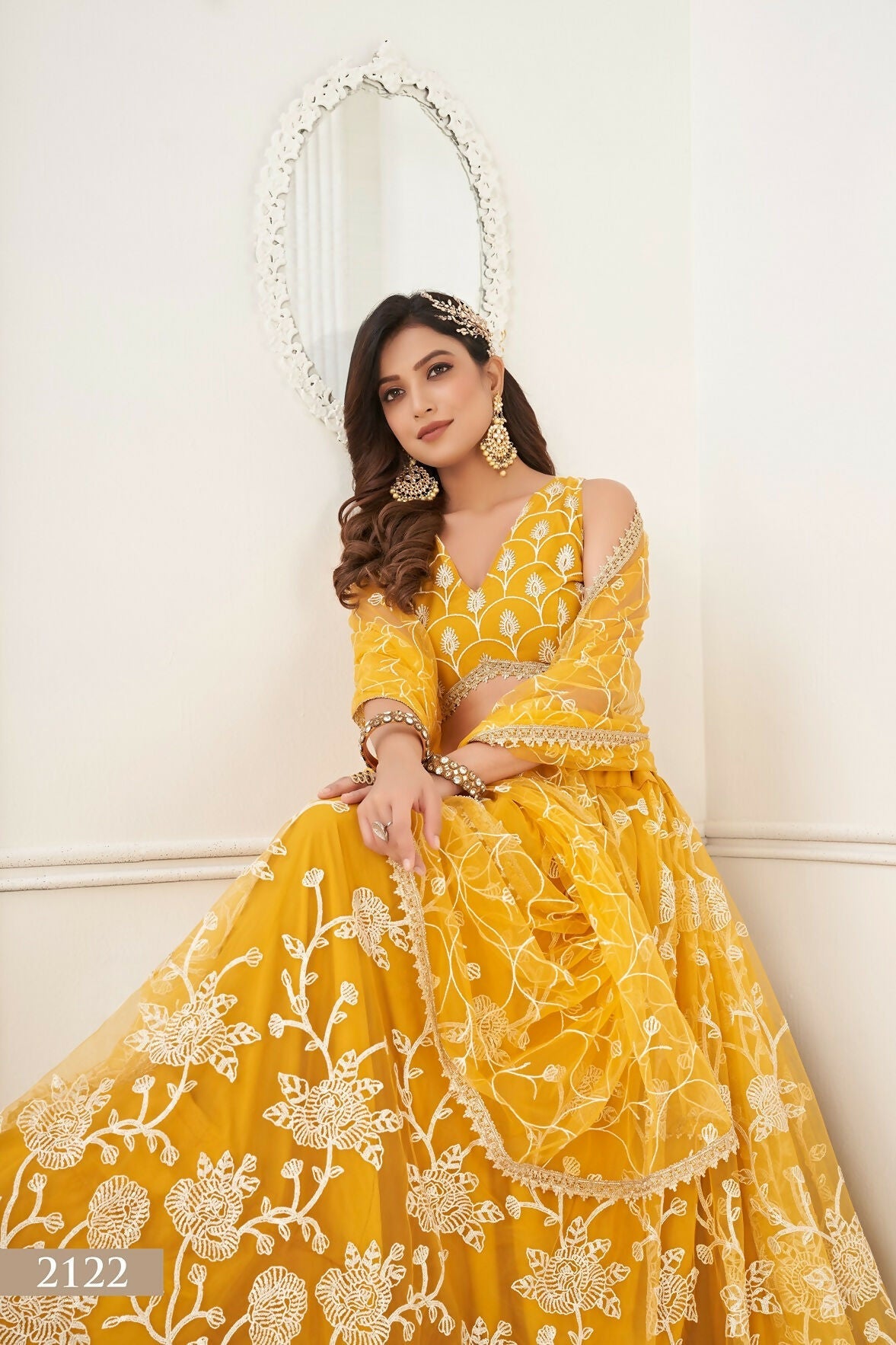 Eilara Women'S Mustard Butterfly Net With Sequins And Embroidery Work Lehenga Choli For Wedding