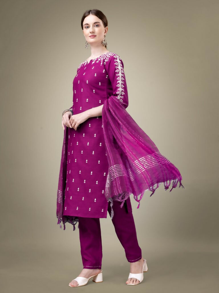 Jyoti Fashion Women's Purple Cotton Blend Embroidery & Sequence work Kurta with Trouser & Dupatta