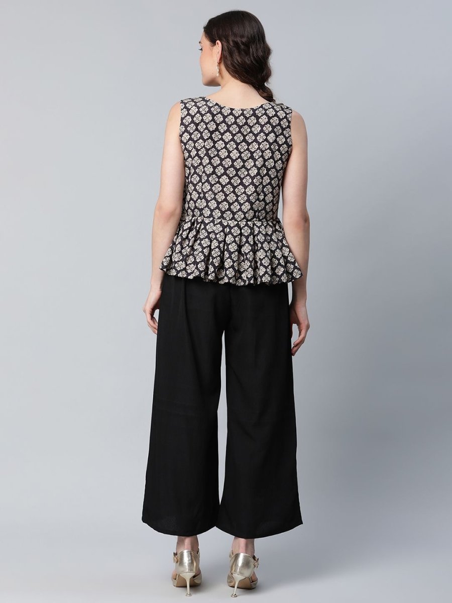 Ahalyaa Women Black Crepe Digital Printed Top with Palazzo Set